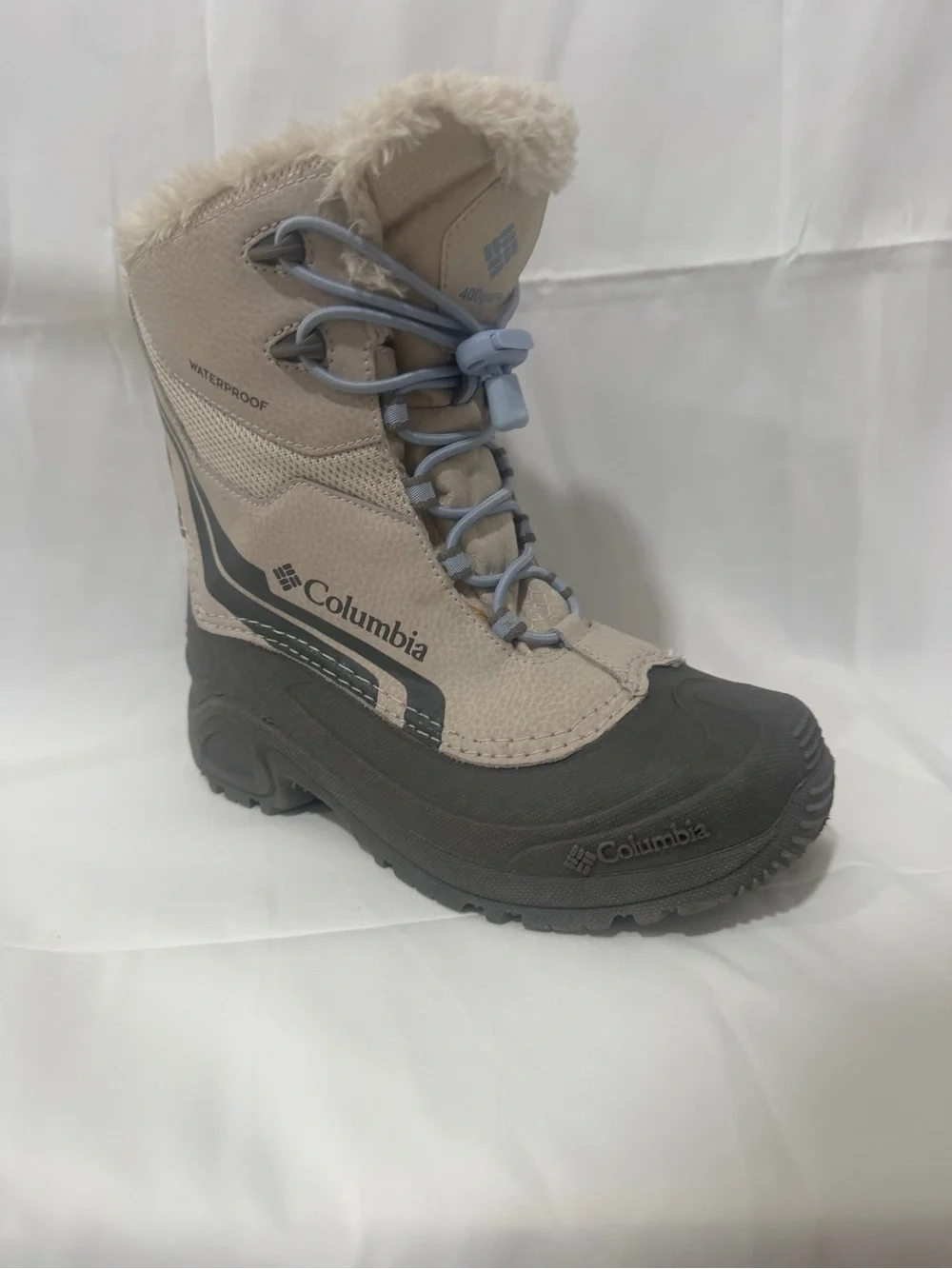 Columbia Kids Waterproof Snow Boot in Beige and Gray with Faux-Fur Collar